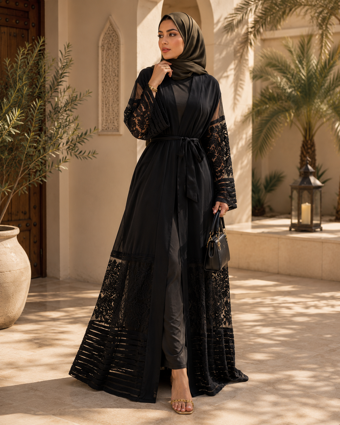 Amira Embroidered Mesh Open Abaya