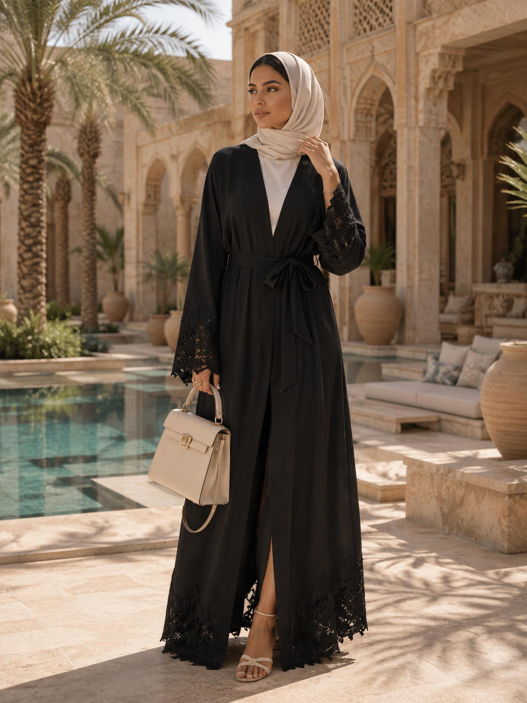 Noura Lace Embroidered Open Abaya