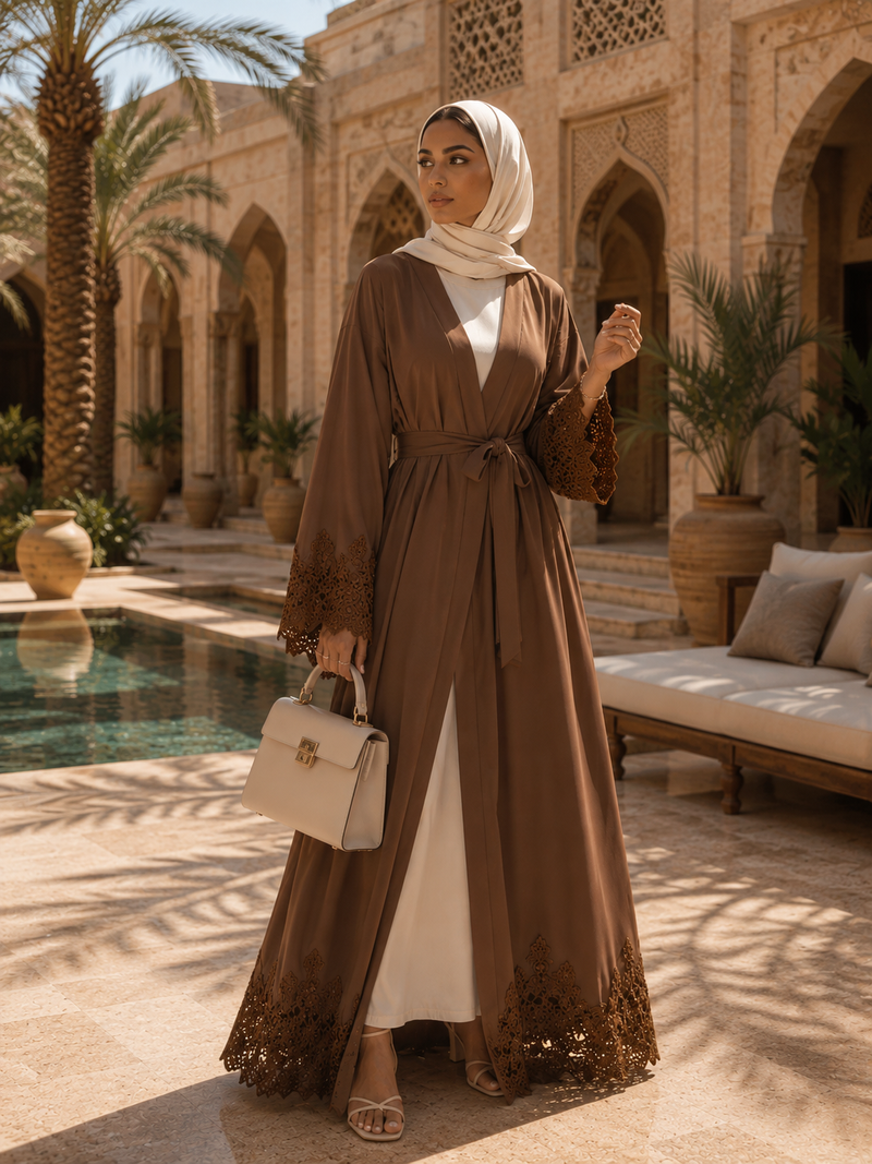 Noura Lace Embroidered Open Abaya